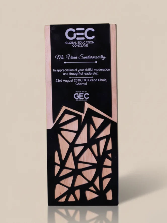 GEC Global Education Conclave award with geometric design on a beige background