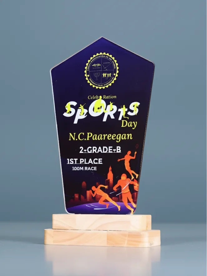 Trophy for Sports Day with text and sports graphics on a blue background