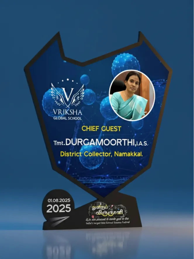 Promotional poster for Vriksha Global School event with a Chief Guest, District Collector, and date.