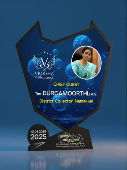 Promotional poster for Vriksha Global School event with a Chief Guest, District Collector, and date.