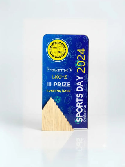 Sports day award with blue and yellow design on a white background