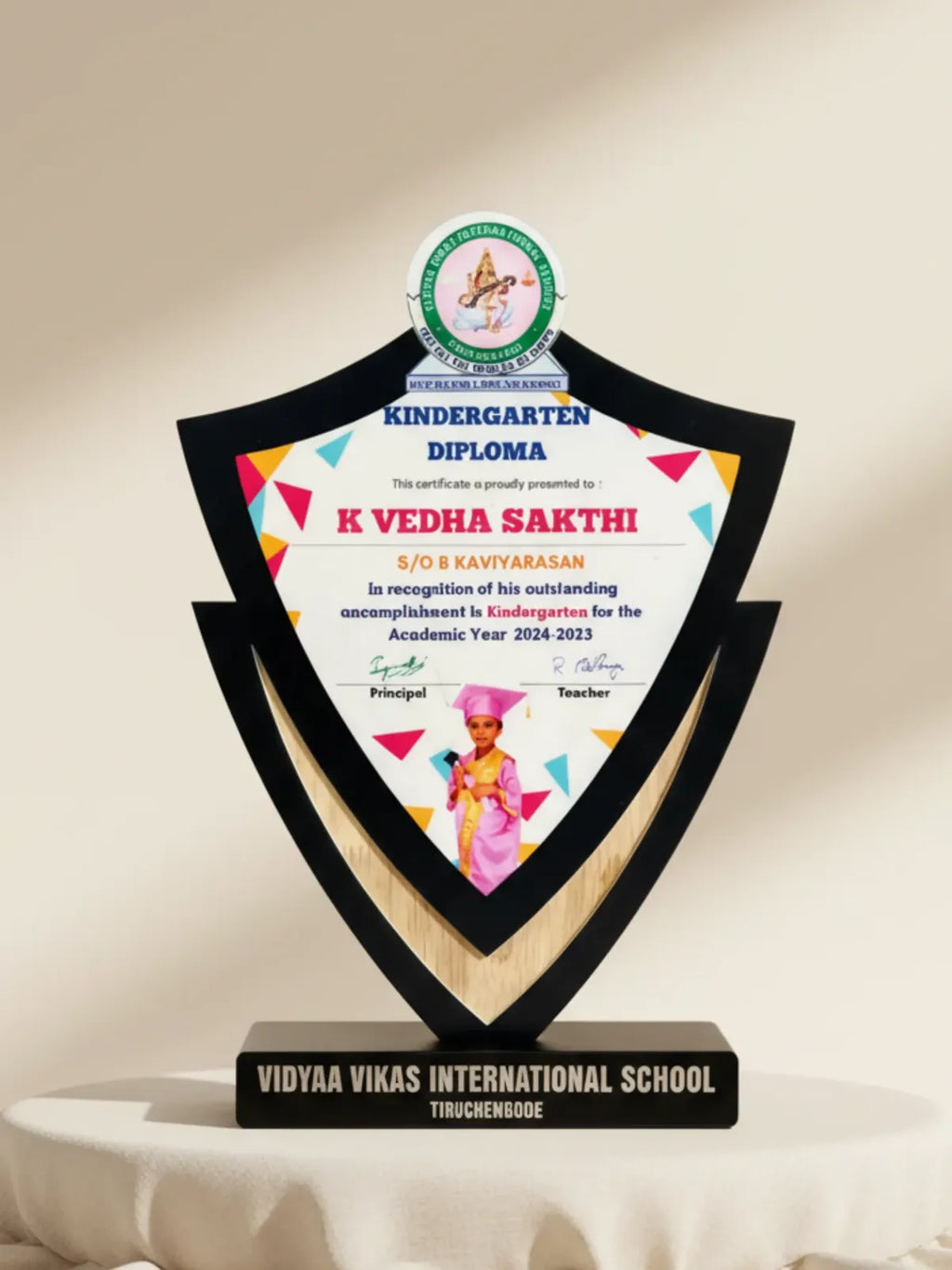 Graduation trophy presentation scene for academic achievement ceremonies and student recognition