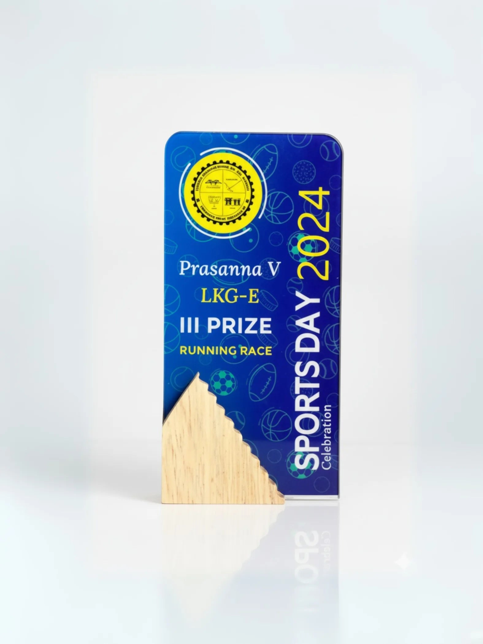 Sports day award with blue and yellow design on a white background