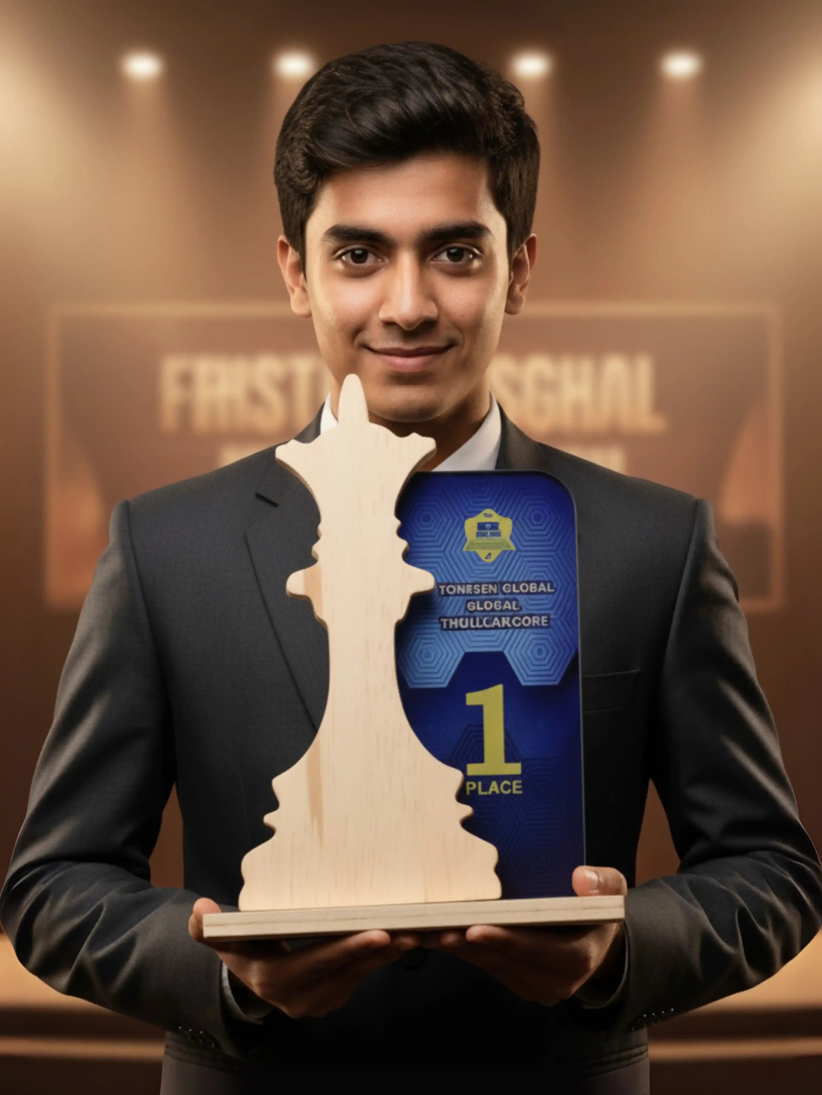 Man holding a large chess piece trophy with a blue ribbon in front of a blurred background