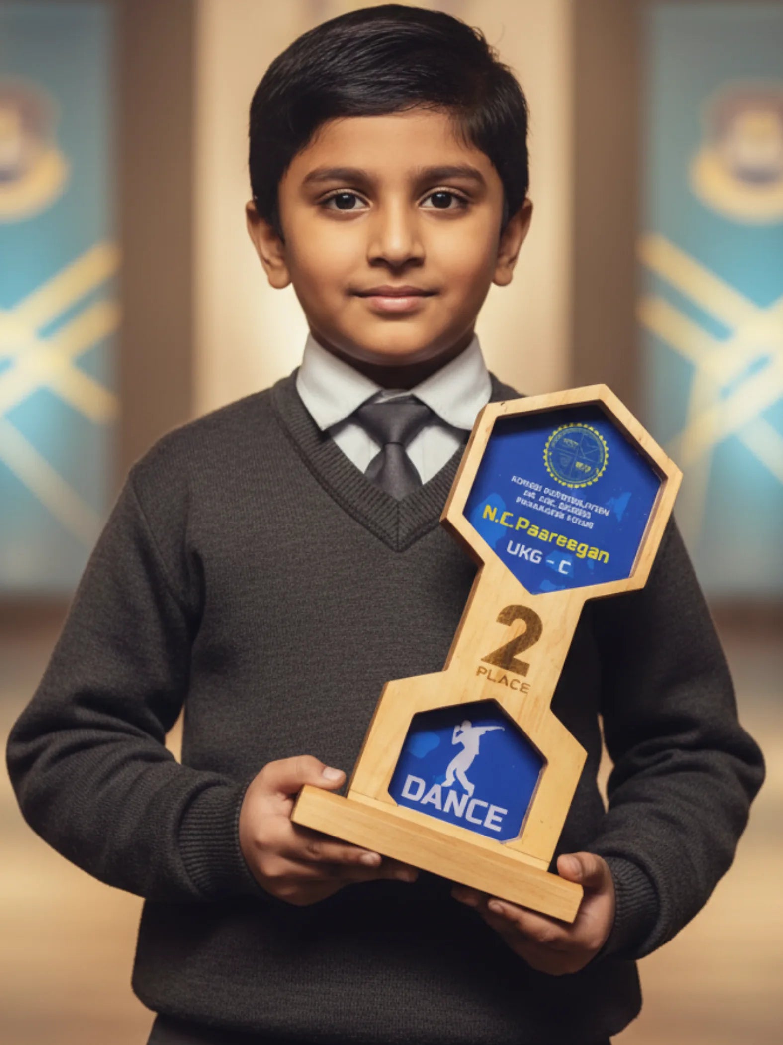 Close-up of personalized dance trophy showing premium quality materials and custom engraving details