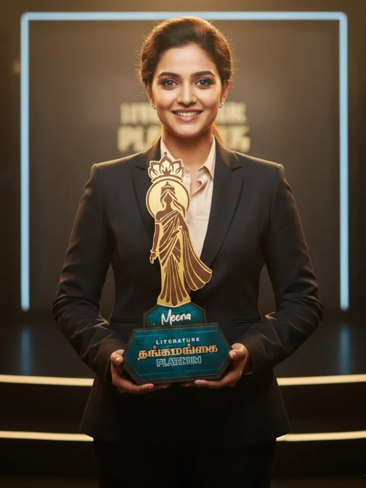Person holding an award with a dark background