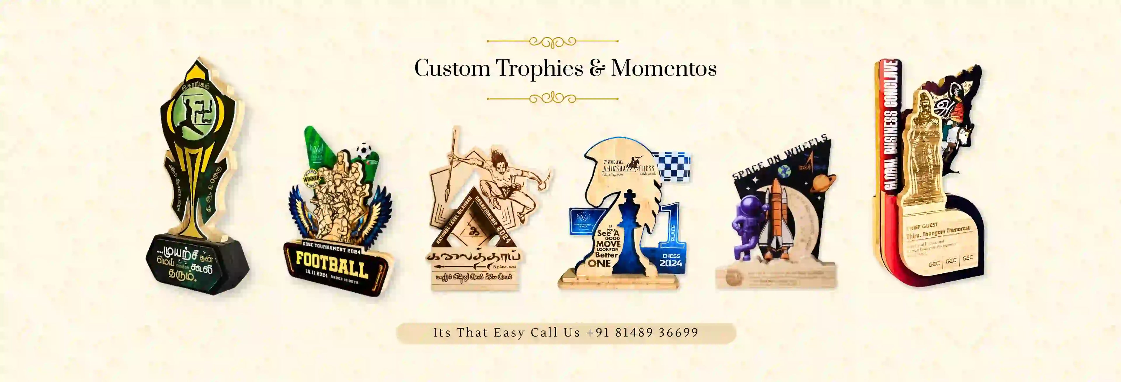 Collection of custom trophies and momentos with text on a beige background