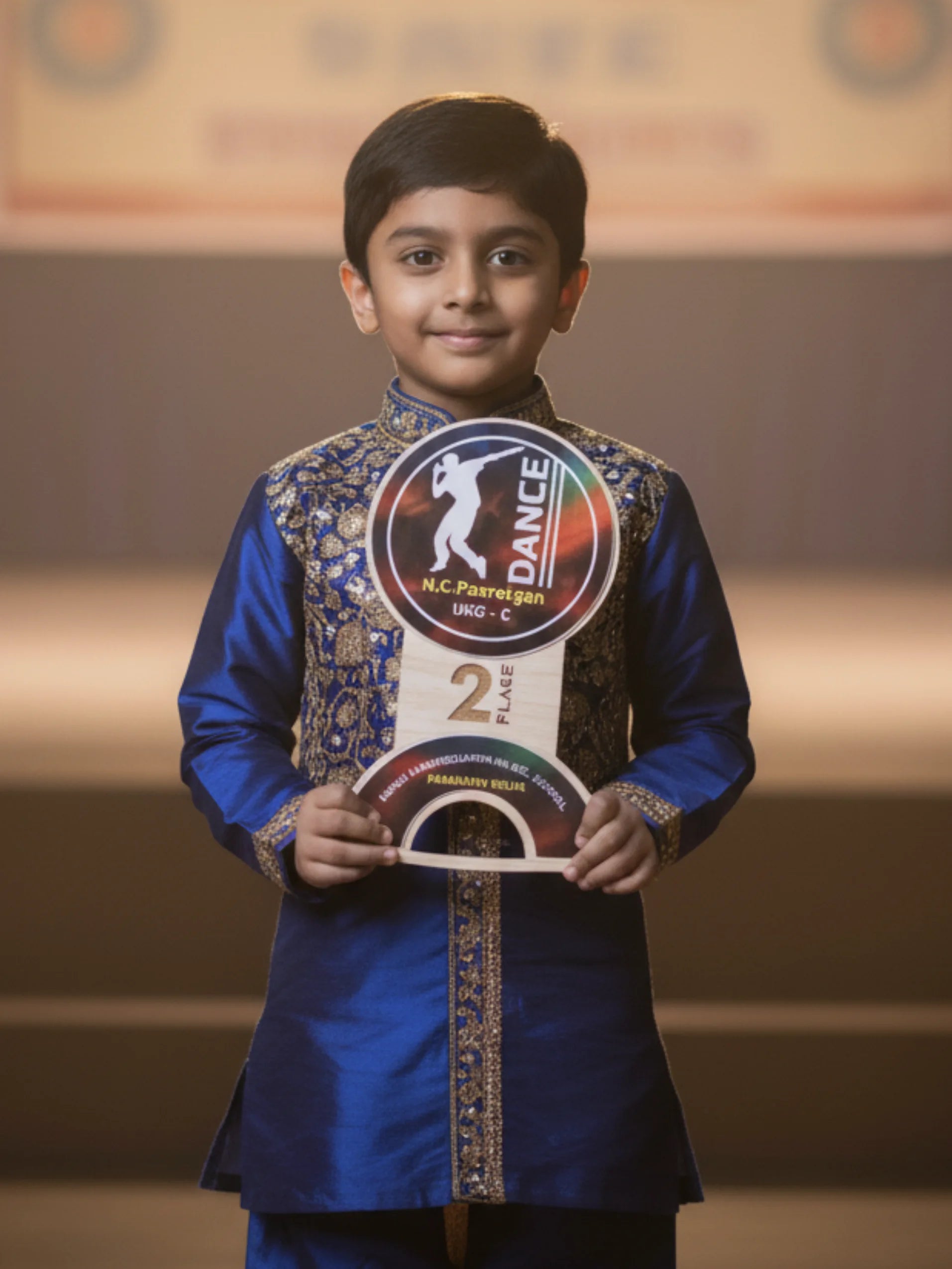 Child in a blue traditional outfit holding a dance competition award.
