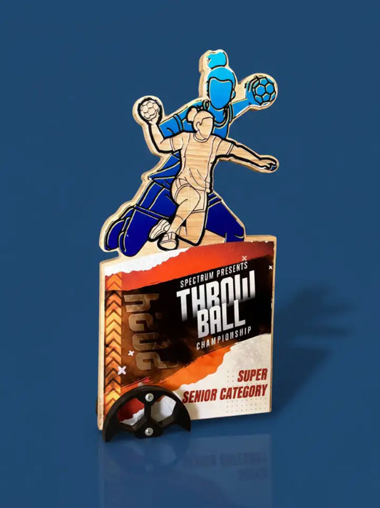 Pin with a design of a person throwing a ball on a blue background