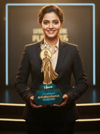 Woman holding an award with a dark background