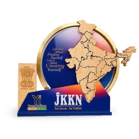 Decorative item with a map of India and motivational quote on a blue background, featuring the YI logo and 'JKKN' branding.
