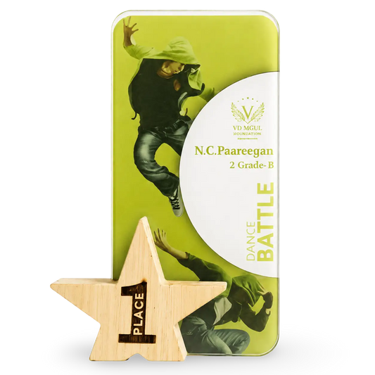 Wooden star-shaped trophy with '1st Place' on a green and white background