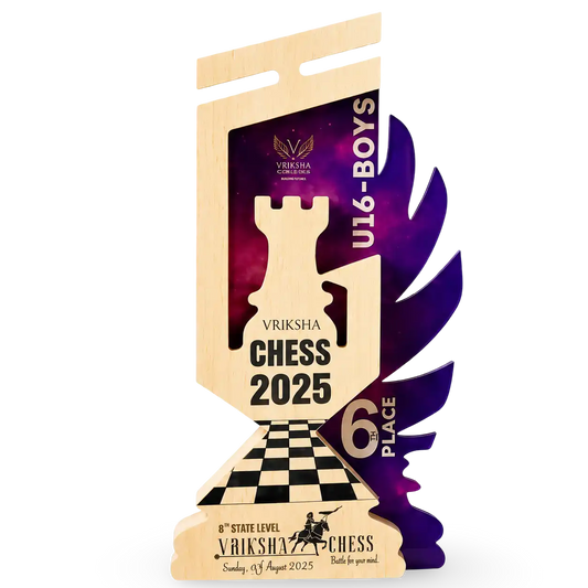 Chess-themed award with 'Vriksha Chess 2025' branding and 'U16 Boys' text on a white background.