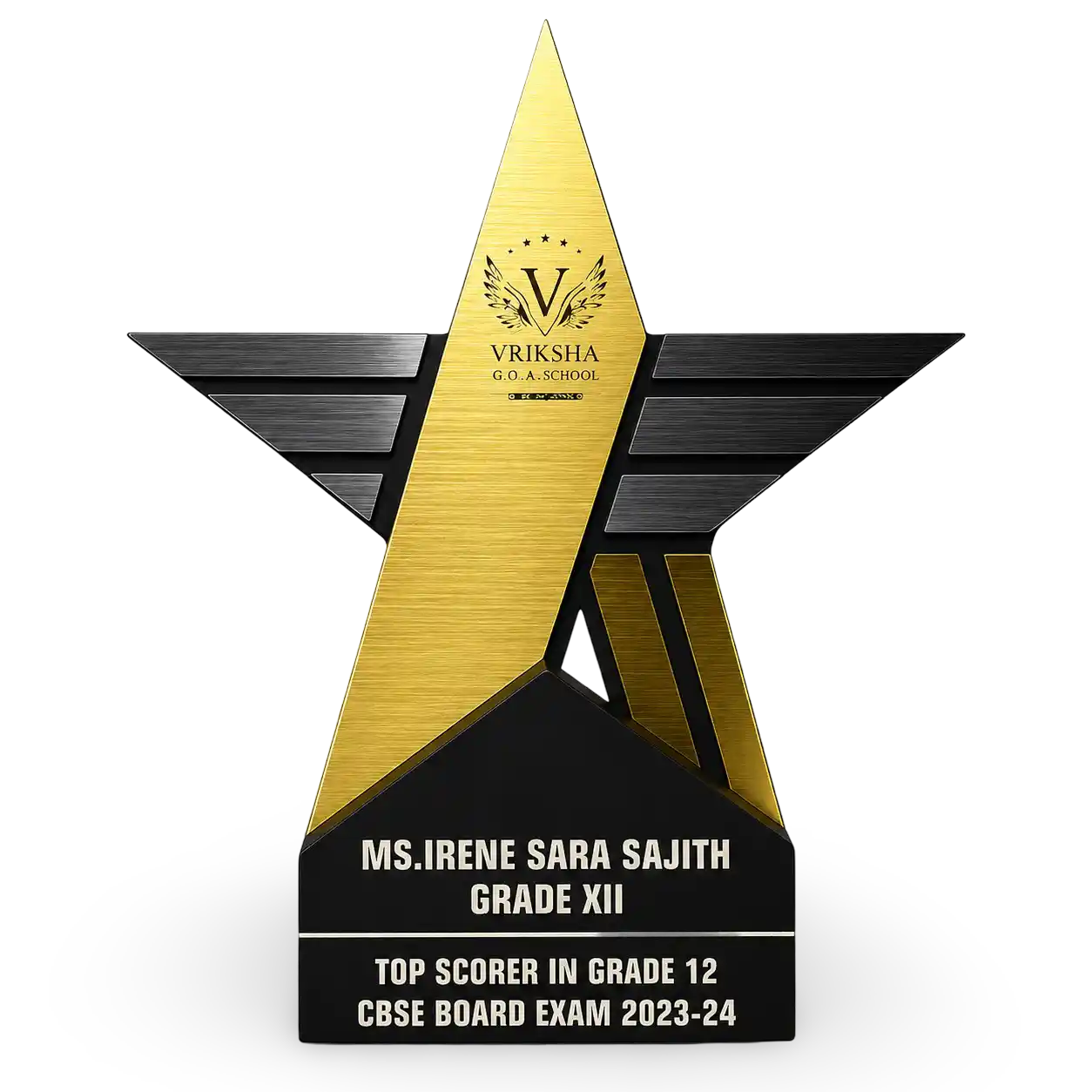 Star-shaped award with gold and black design, featuring text and a logo on a white background.