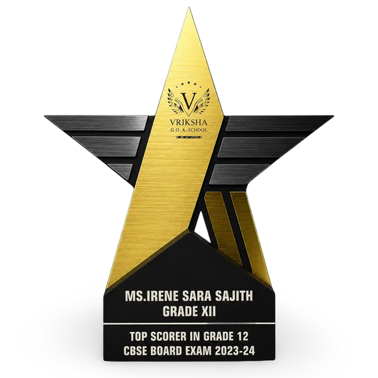 Star-shaped award with gold and black design, featuring text and a logo on a white background.