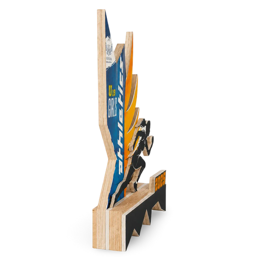 Wooden trophy with a silhouette of a person and branding on a white background