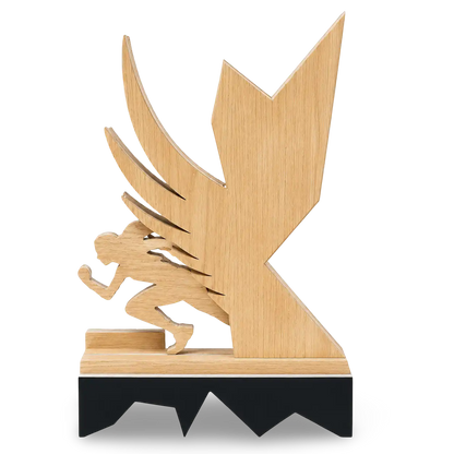 Wooden trophy with a winged figure design on a white background