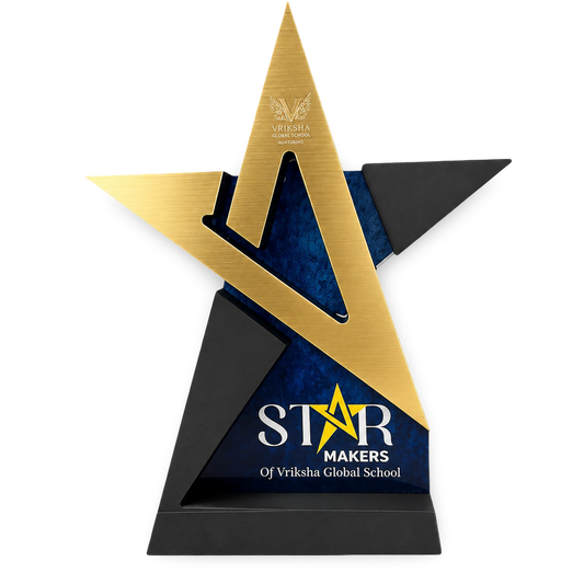 Gold and black star-shaped award with 'Star Makers of Vriksha Global School' branding on a white background.
