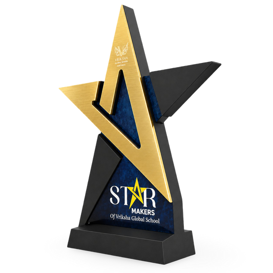 Star-shaped award with gold and black design on a white background