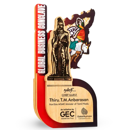 Decorative card with a statue design and text about a global business conclave.
