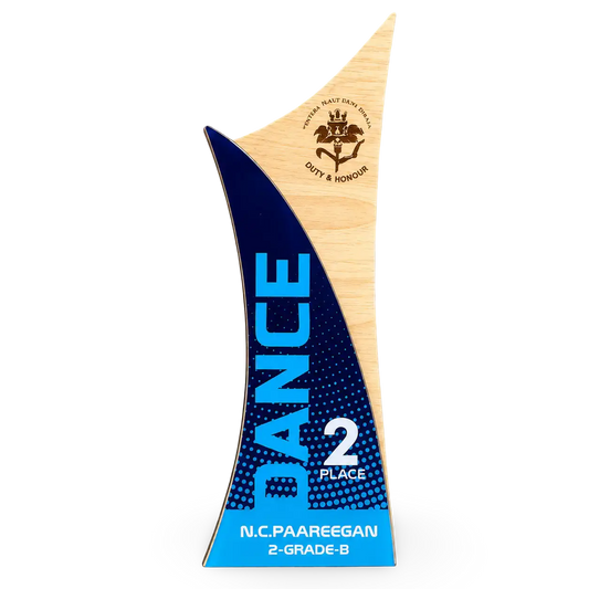 Trophy with blue and beige design on a white background
