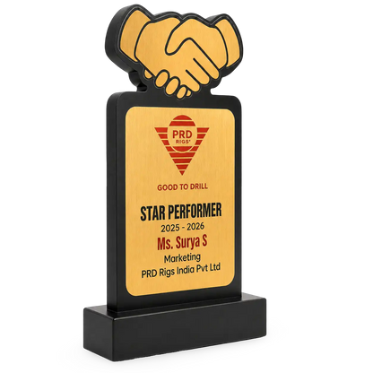 Award with handshake design and text on a white background