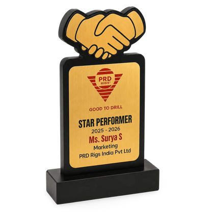 Trophy with handshake design and 'PRD Rigs' logo on a white background
