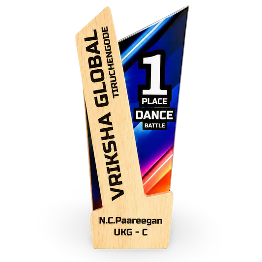 Wooden trophy with 'Vriksha Global' branding and '1 Place Dance Battle' text on a white background