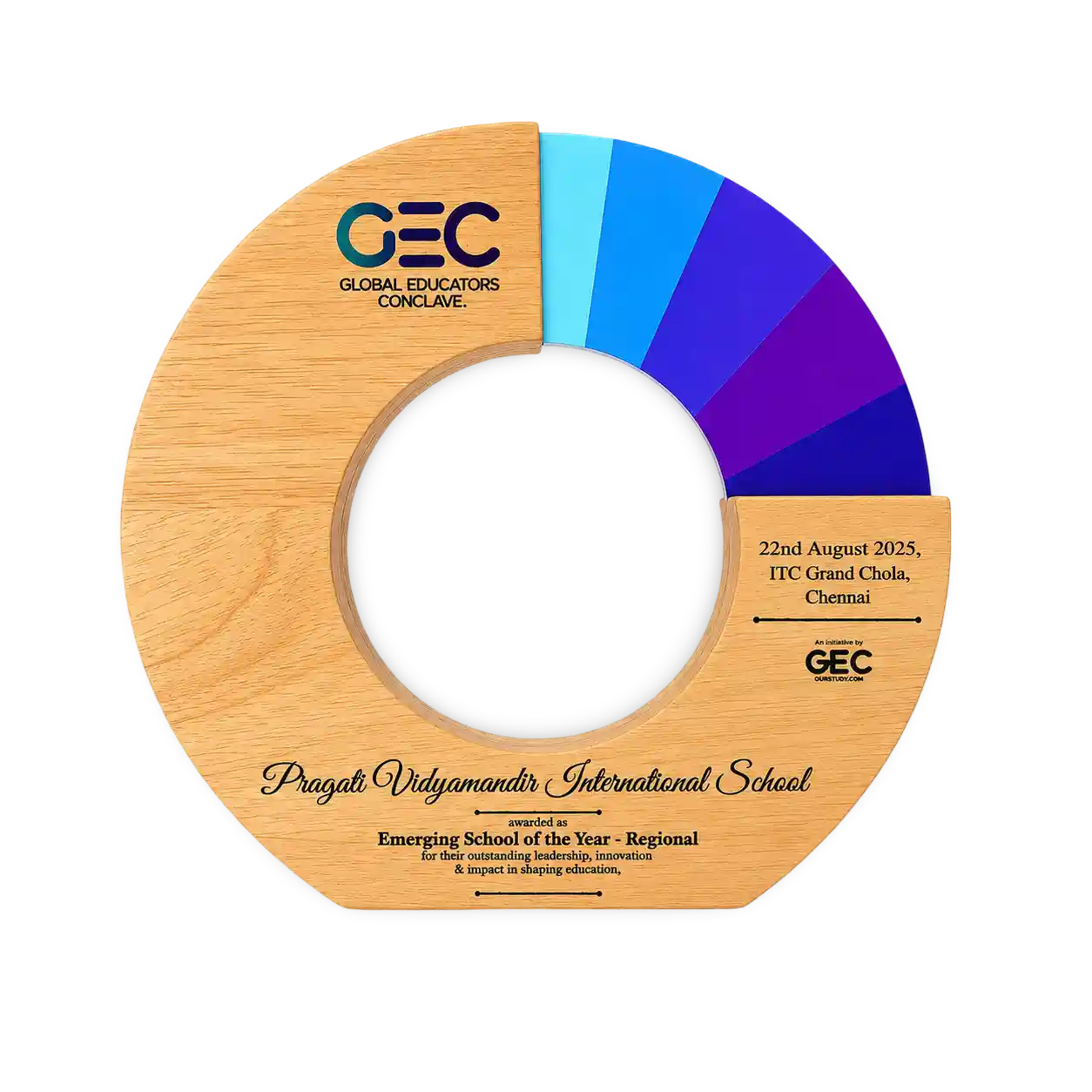 Wooden disc with color swatch and text, featuring GEC branding