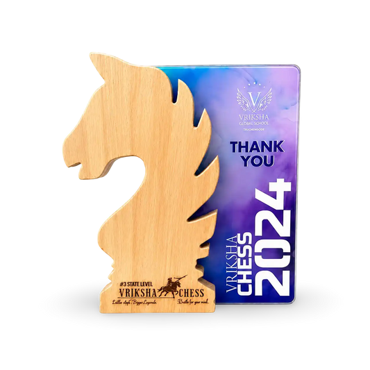 Wooden chess piece shaped like a horse with a Vriksha Chess branded box in the background