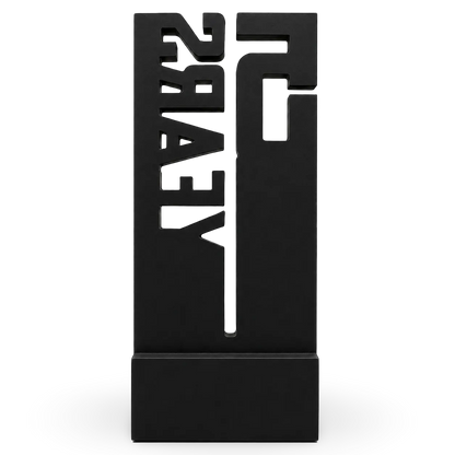 Black metal sign with cut-out text on a white background