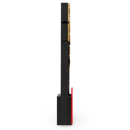 Side view of a black and red electronic device on a white background
