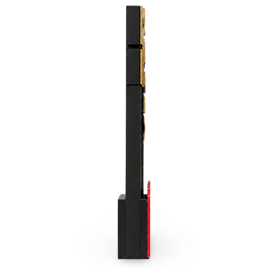 Side view of a black and red electronic device on a white background