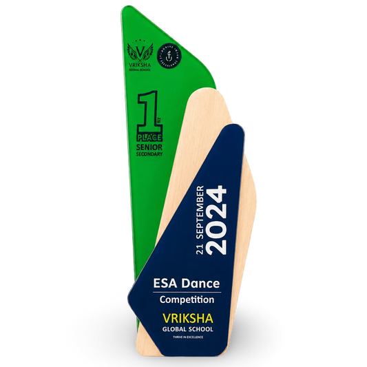 Decorative award with green, blue, and beige colors, featuring text and a logo on a white background.