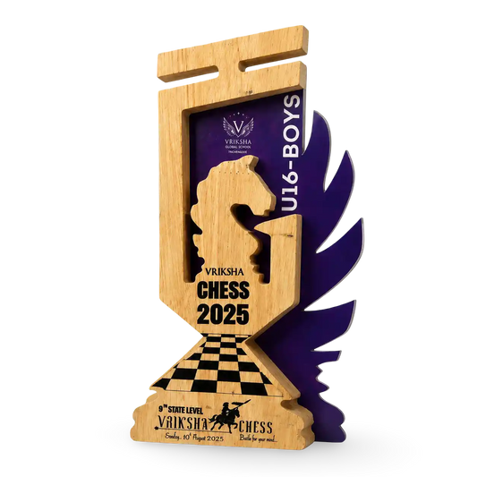 Wooden and purple chess-themed trophy with 'Vriksha Chess 2025' text on a white background