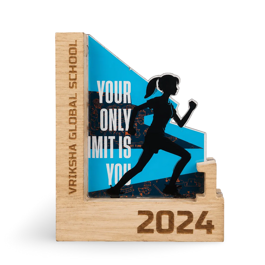 Wooden award with a running woman silhouette and text on a white background
