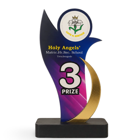 Awards trophy with 'Holy Angels' Matric.Hr.Sec. School' text on a white background