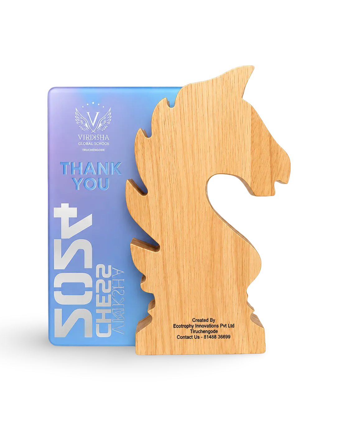 Wooden cutting board shaped like a fish with a blue card behind it on a white background