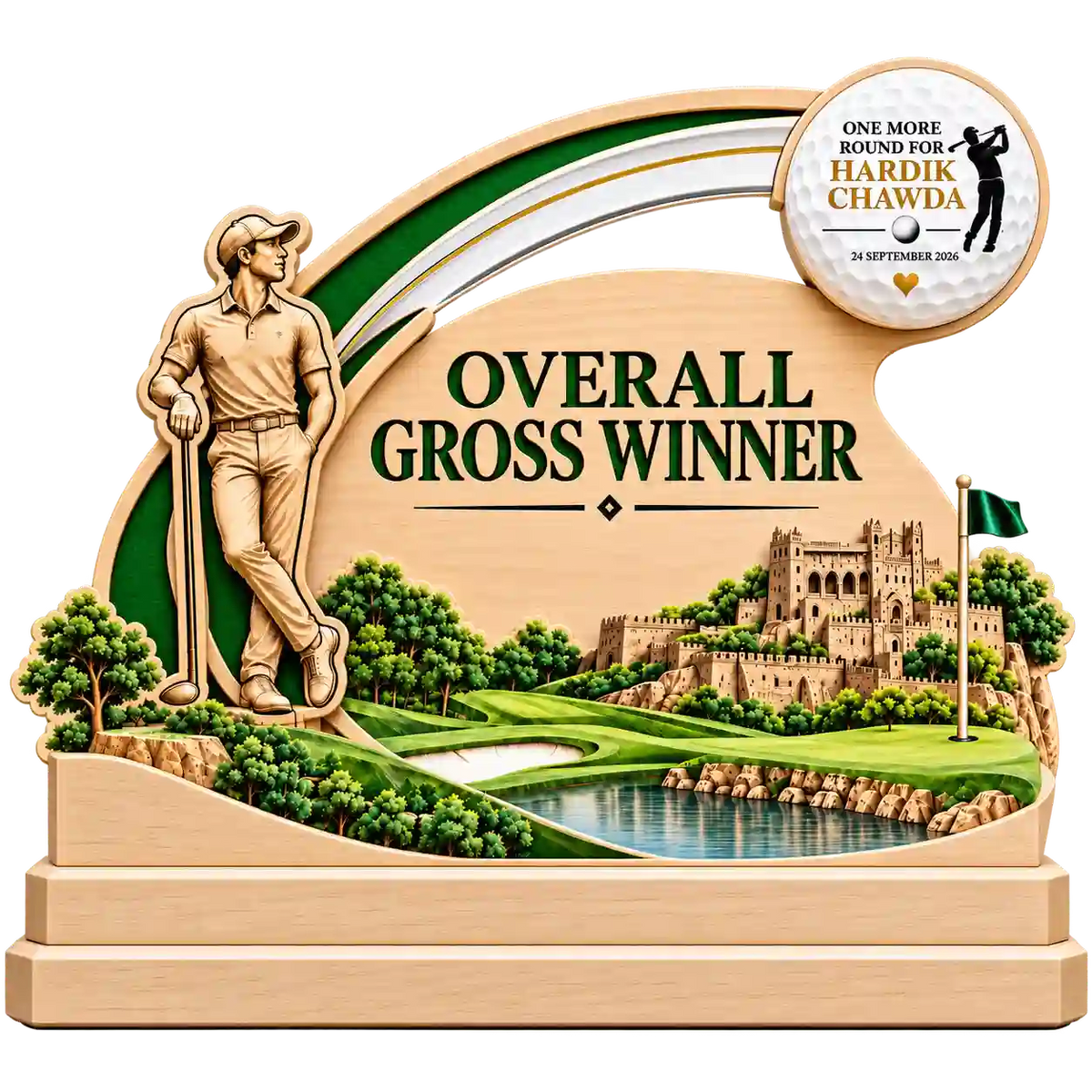 Front angled view of Overall Gross Winner golf trophy with golfer figure and golf-ball plaque