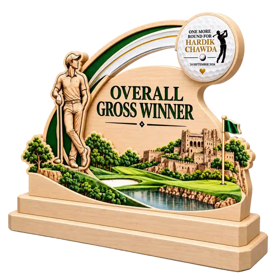 Front view of golf trophy with 3D-style ball motif and Overall Gross Winner lettering