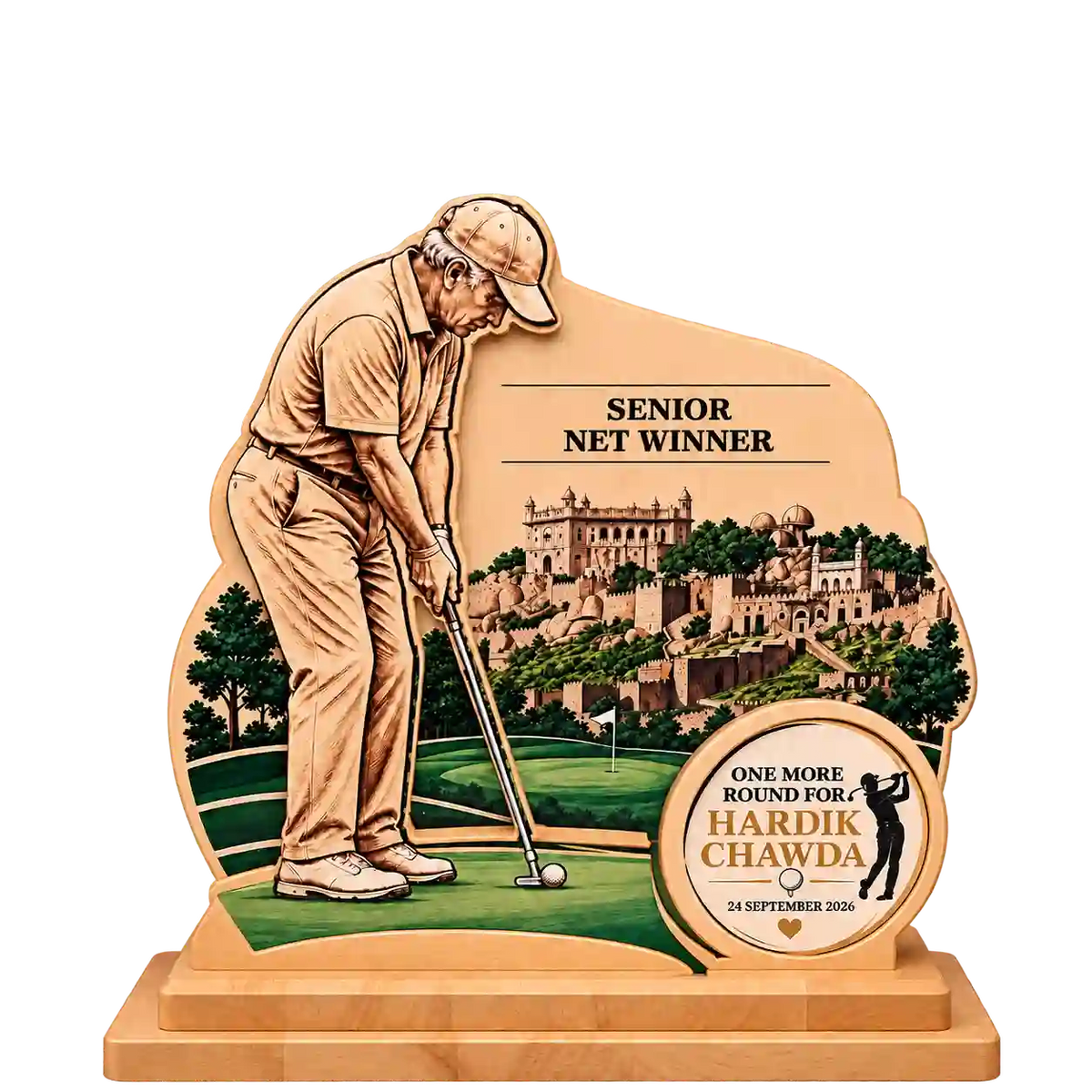Front angled view of Senior Net Winner golf trophy with golfer and course landscape