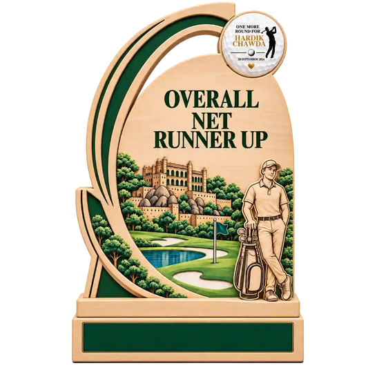 Front view of Overall Net Runner Up golf trophy with golfer, course and round golf-ball plaque