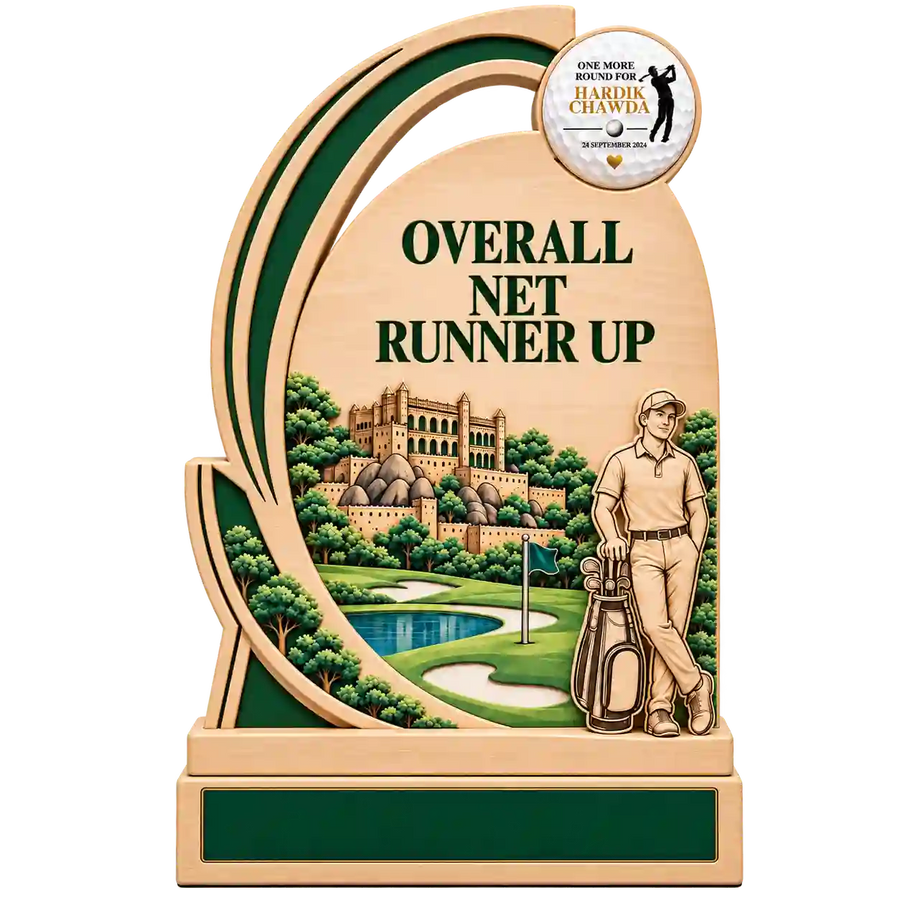Front view of Overall Net Runner Up golf trophy with golfer, course and round golf-ball plaque