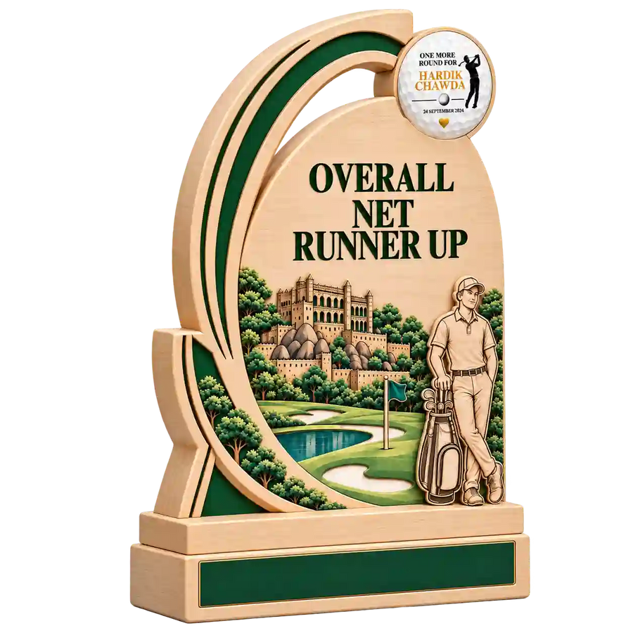 Side view of golf award with course artwork, golfer figure and green base plaque