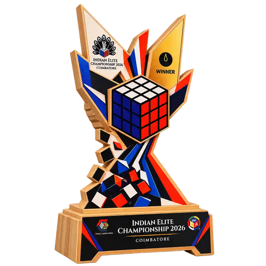Front view of cube trophy with Rubik’s-cube-style centerpiece and Indian Elite Championship 2026 plaque