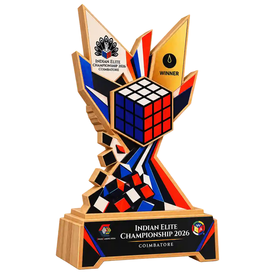 Front view of cube trophy with Rubik’s-cube-style centerpiece and Indian Elite Championship 2026 plaque