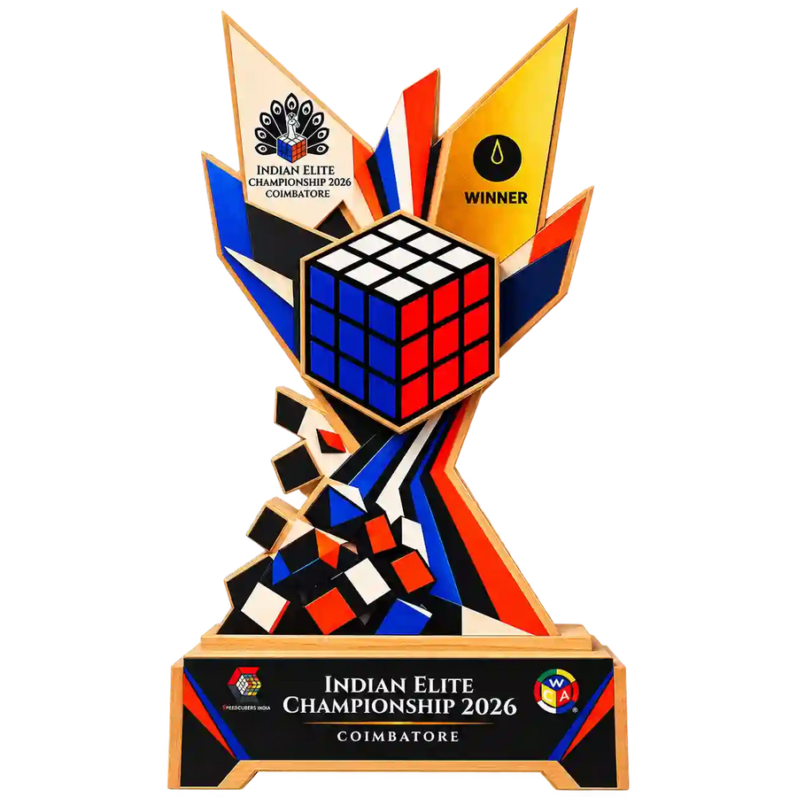 Straight-on view of customized cube trophy with winner panel and championship lettering