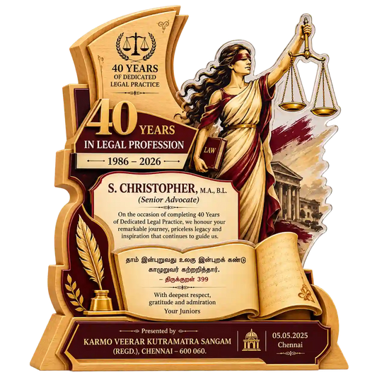 Front view of 40 years legal practice lawyer trophy featuring Lady Justice and scales