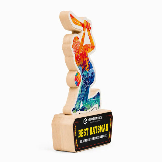 Cricket best batsman acrylic trophy wooden base UV print custom engraving India