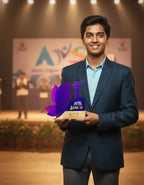 Man holding an award on a stage with 'Awards' backdrop